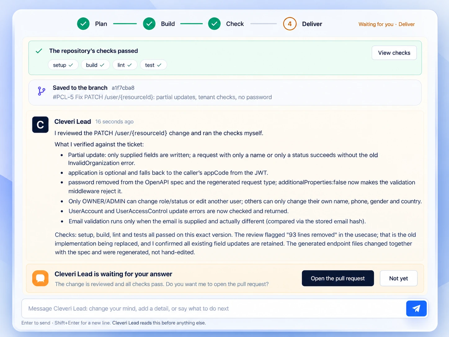 Cleveri job screen showing the repository's checks passed (setup, build, lint, test), the change saved to its branch, the review summary, and a prompt to open the pull request.